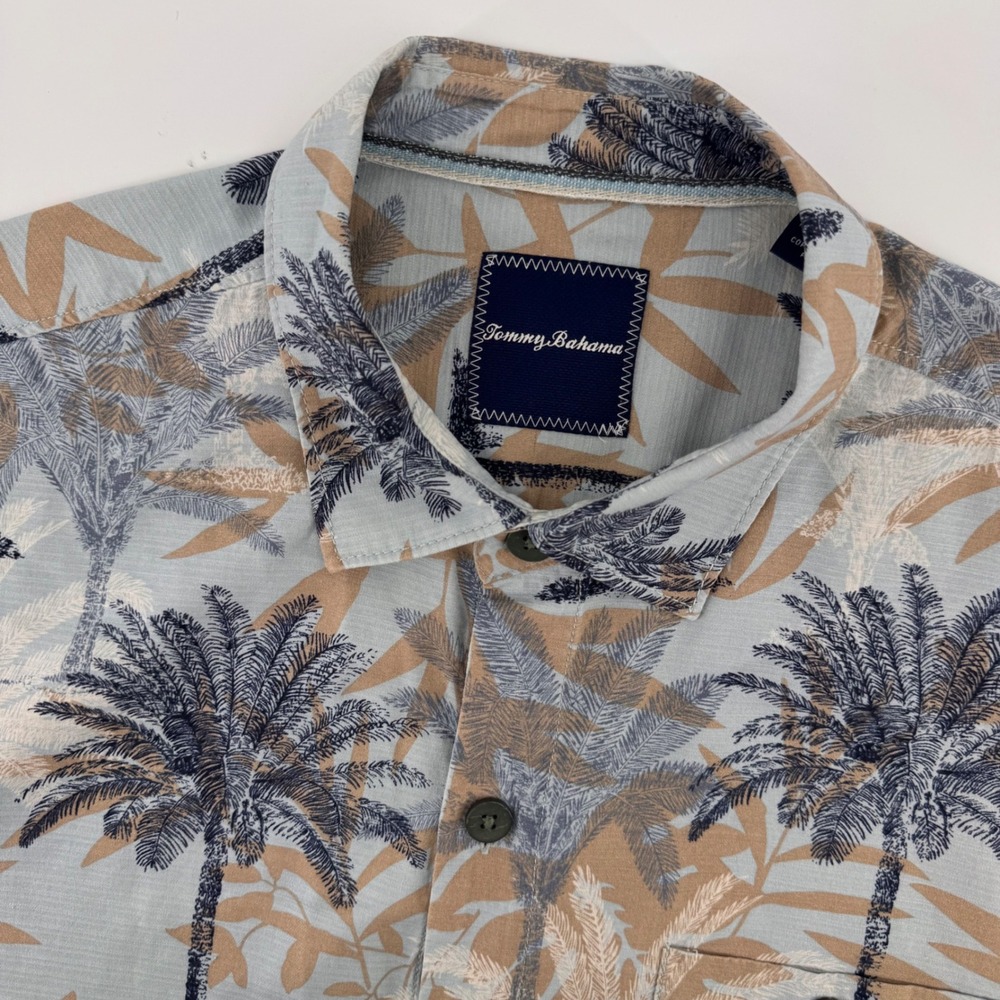 Tommy Bahama Silk Button Down Mens L Blue Tan Palm Tree Tropical Short Sleeve